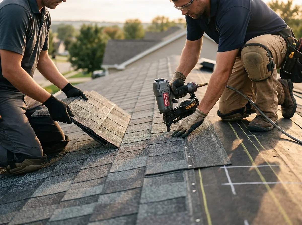 Professional roofer working on a residential roof in Springboro